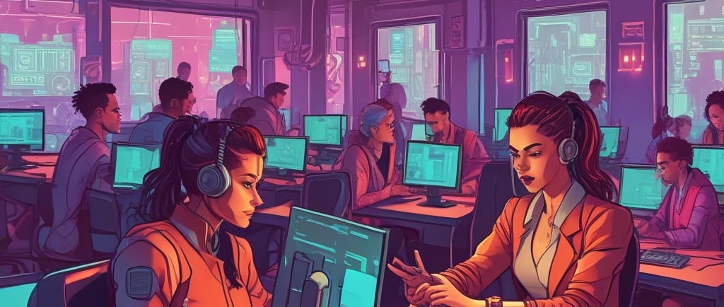 A diverse group of professionals collaborating around a laptop in a modern office setting.