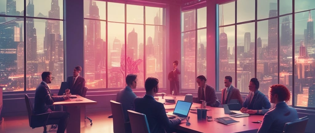 A diverse group of professionals collaborating around a table with laptops and digital devices, showcasing teamwork and innovation.