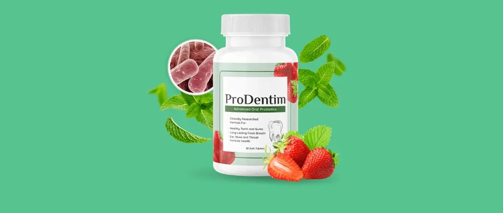alt="Image of ProDentim Advanced Dental Probiotics supplement bottle with mint leaves and fresh strawberries"