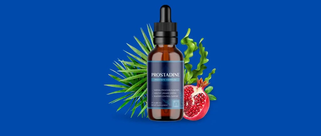 Prostadine prostate complex supplement with dropper bottle, seaweed, and pomegranate.