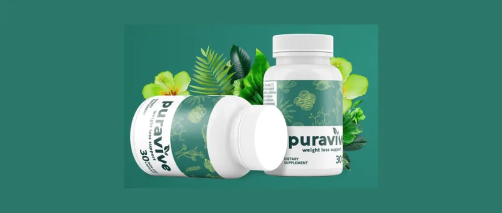 alt="Image of Puravive weight loss supplement bottles with tropical foliage background"