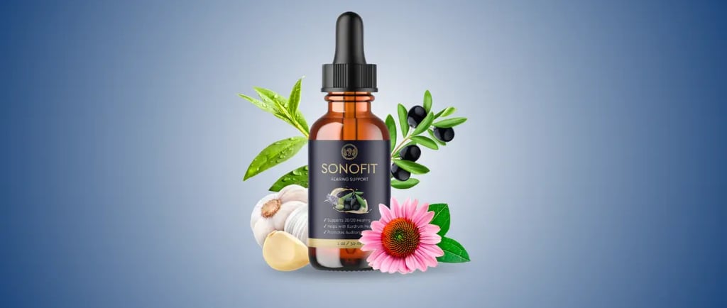 A bottle of Sonofit Hearing Support with a dropper, surrounded by natural ingredients like garlic, berries, and flowers.