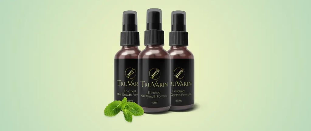 Three bottles of Truvarin Enriched Hair Growth Formula, 30ml each, displayed with mint leaves in front.