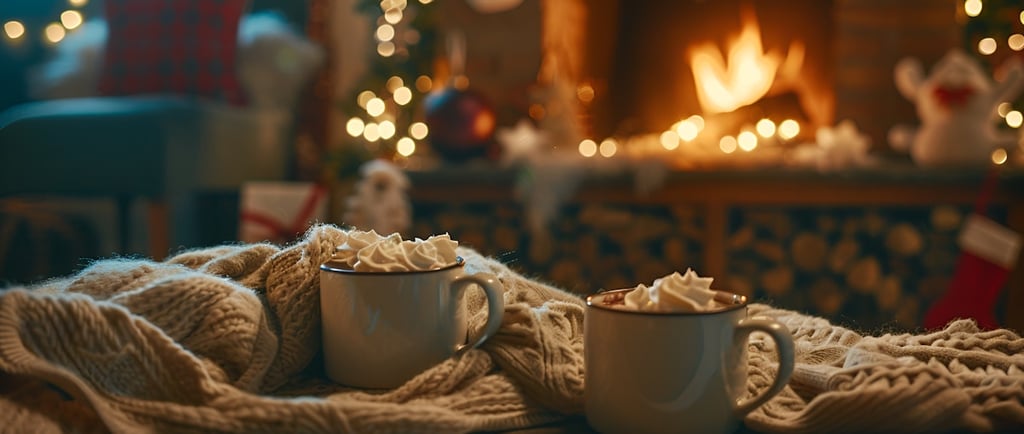 Two cups of hot chocolate fireside scene