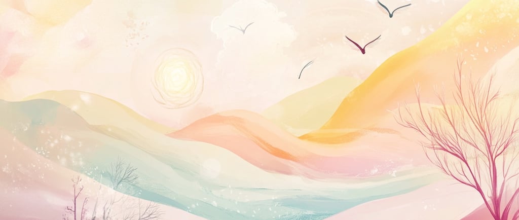 serene pastel landscape with birds