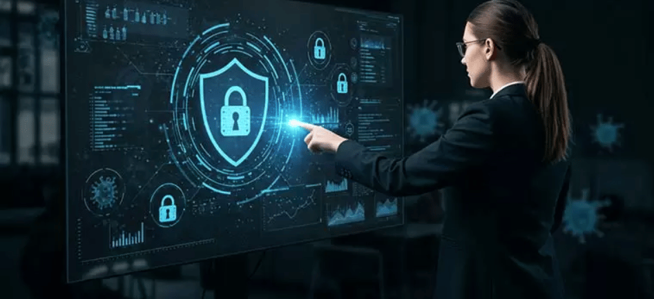 a woman in a suit and glasses is holding a tablet computer and touching a pad