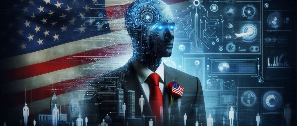 A humanoid and american flag overlayed on a city scape