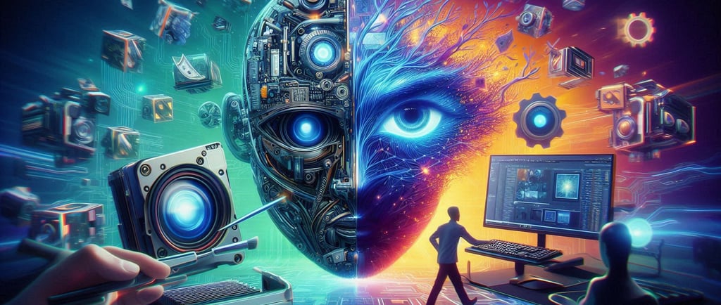 AI robot split between working at a computer with humans and working on a camera