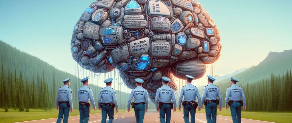 AI brain and service people walking down the road between trees and mountains