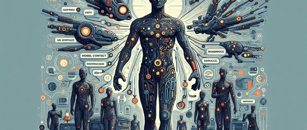 AI bots walking towards the viewer with AI robot thought bubbles