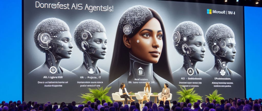 AI braings on a screen with people at a conference talking on stage and watching