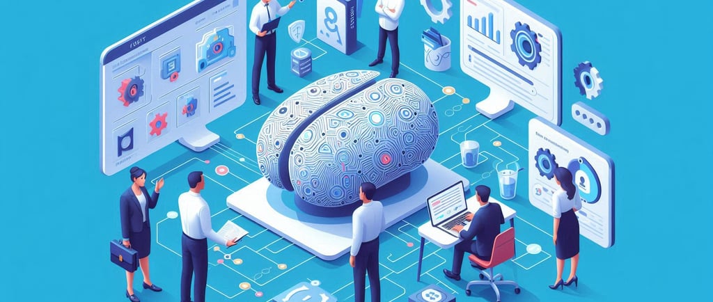 AI workers gathered around an AI brain