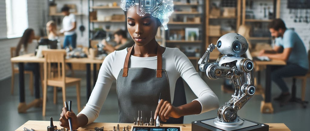 a woman with an AI brain in a shop working on robots and electronics