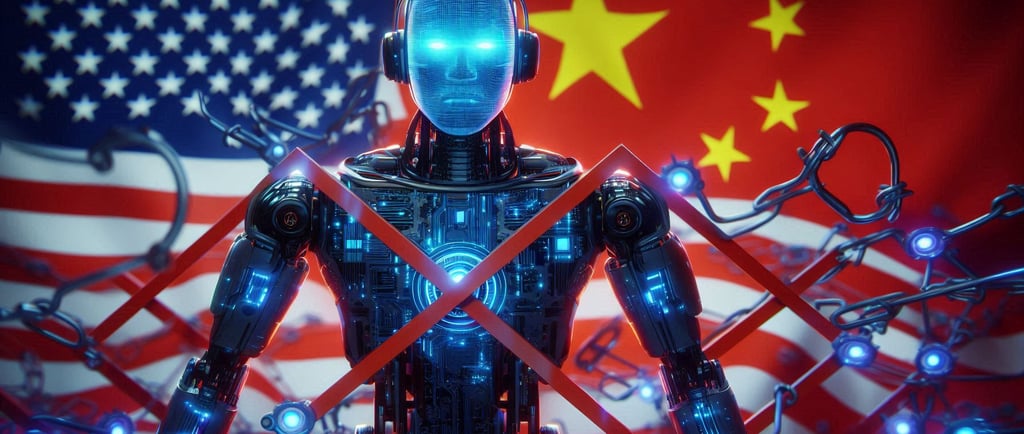 an image of an AI robot being blocked by government over security with china vs the united states