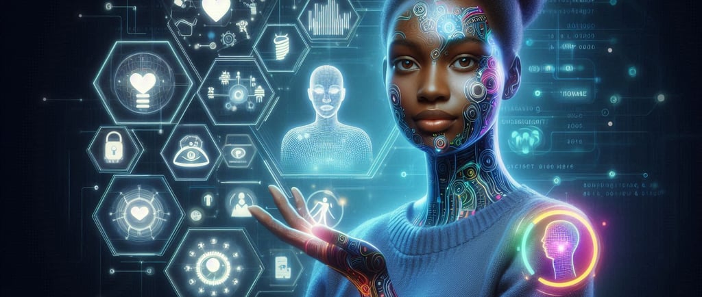 A woman as AI transforming jobs in data, cybersecurity, healthcare, and creative fields helping humans thrive and improve