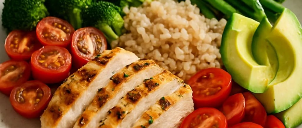 Prato saudável com frango grelhado, arroz integral, abacate, tomate e brócolis para ajudar 