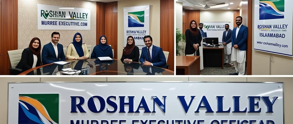 a group of people sitting around a table with a sign that says roshan valley