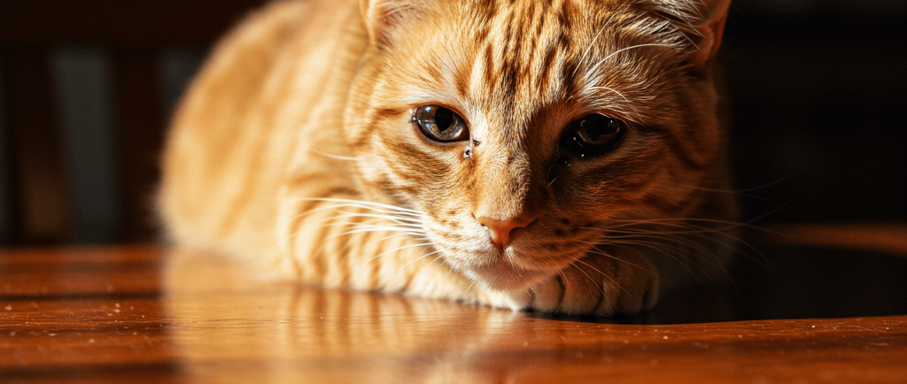a cat laying on a table with watery eyes