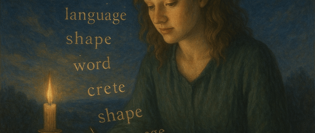 Ilustração de uma mulher jovem escrevendo em um livro à luz de uma vela, com palavras relacionadas 