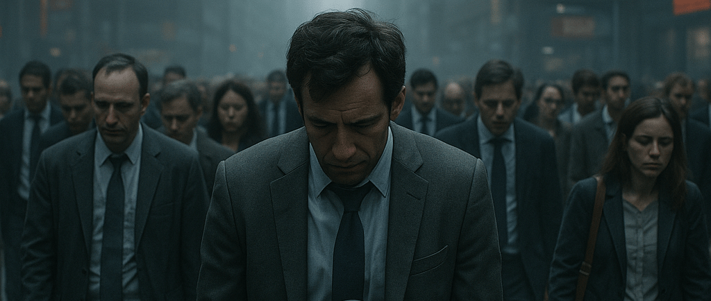 Cena urbana realista mostrando uma multidão em movimento apressado, com rostos cansados 