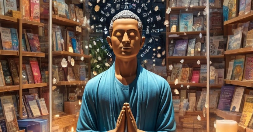 Ilustração simbólica de uma figura humana meditando dentro de uma vitrine de loja,.