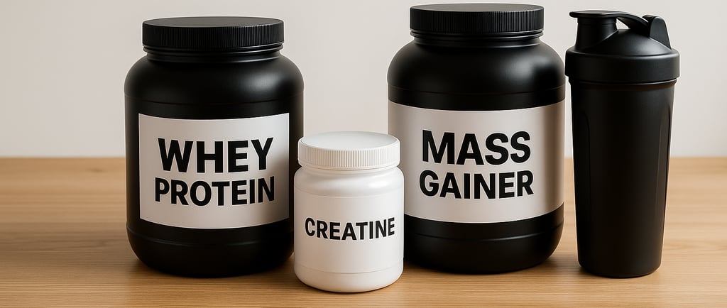 Whey Protein, Creatina e Hipercalórico.