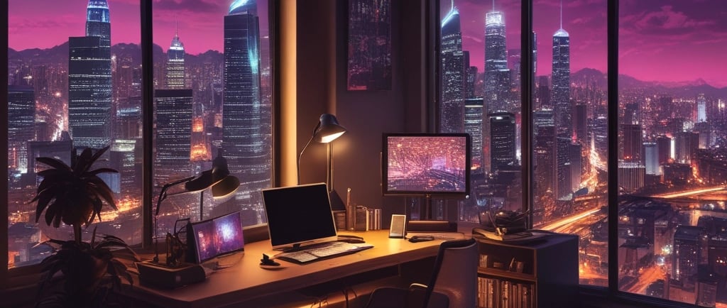 a desk with a computer monitor and a laptop