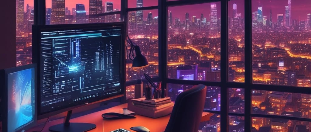 a desk with a computer monitor and a keyboard