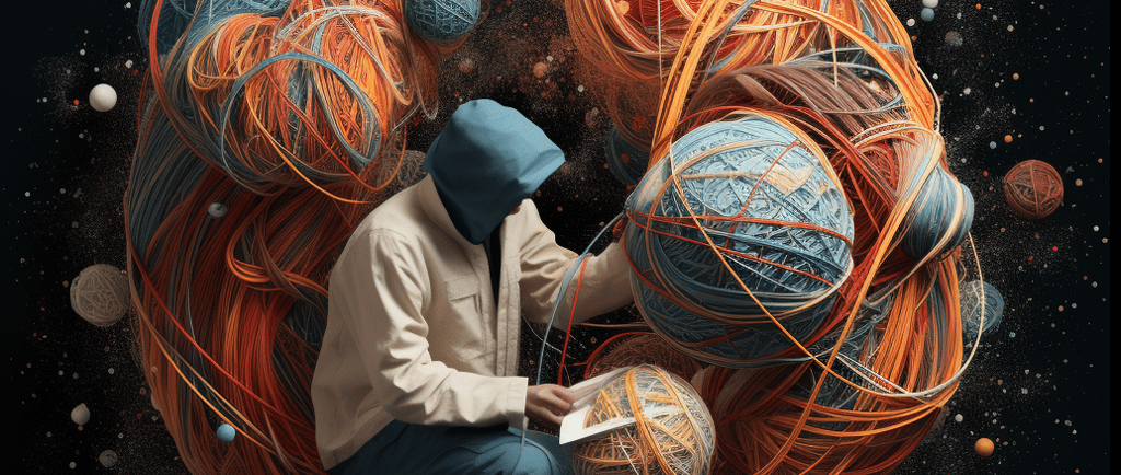 a man sitting on a ball of yarn