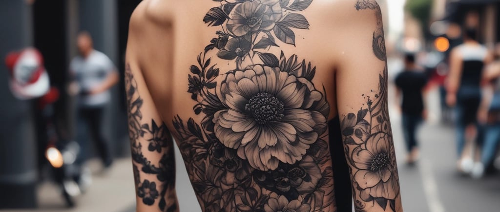 black flower tattoo on woman's back