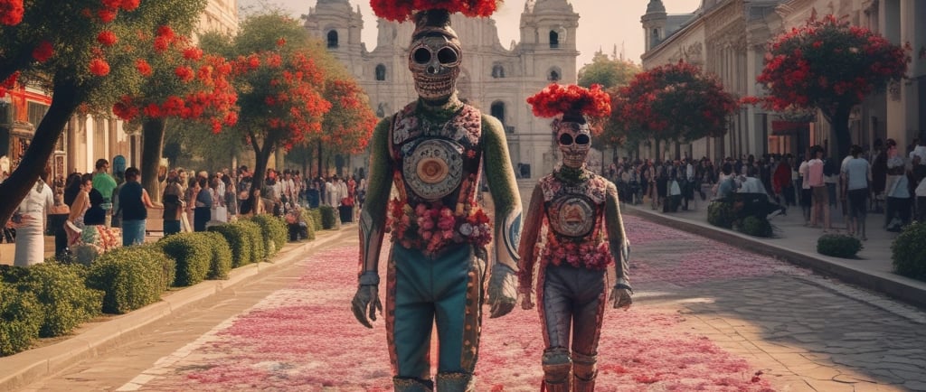 men when skull masks decorated with flowers