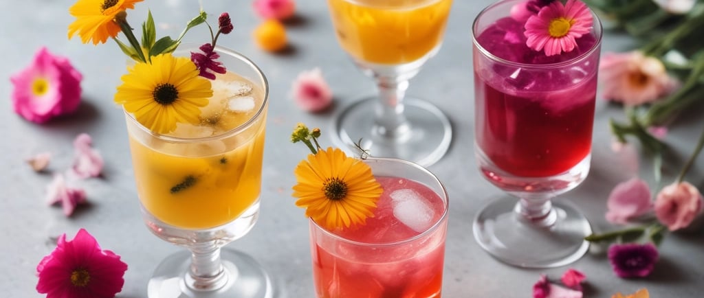 cocktail drinks with edible flower garnish