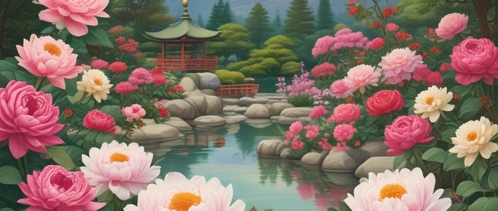 japanese zen garden with roses and peonies