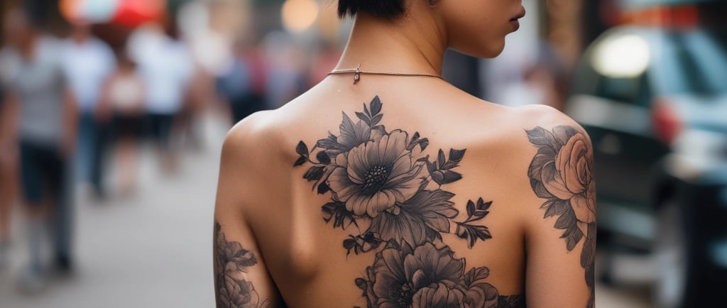 asian woma with black flower tattoo walking down street