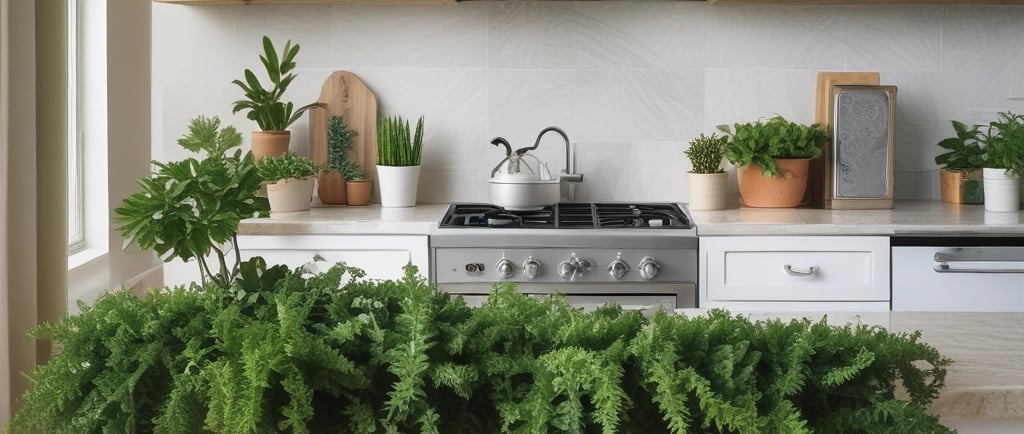 artificial plants decorating a home kitchen