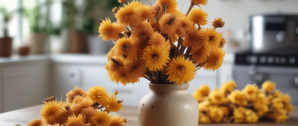 pineapple flowers in ceramic pot on table in kitchen