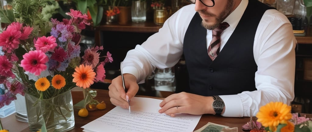 cocktail barman sat at desk writing