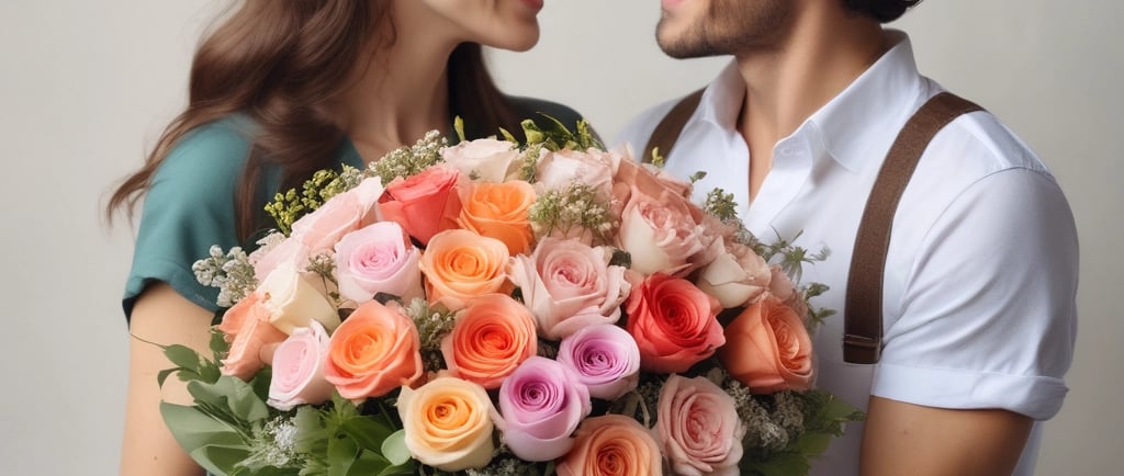 man presenting a gift of multi-color roses bouquet to his wife