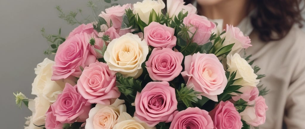 bouquet of pink and yellow roses held by woman
