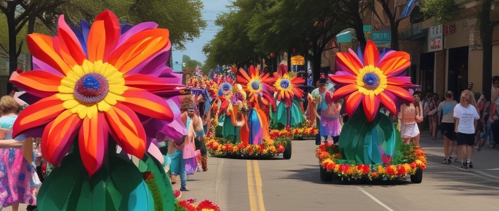 flower floats coming down street