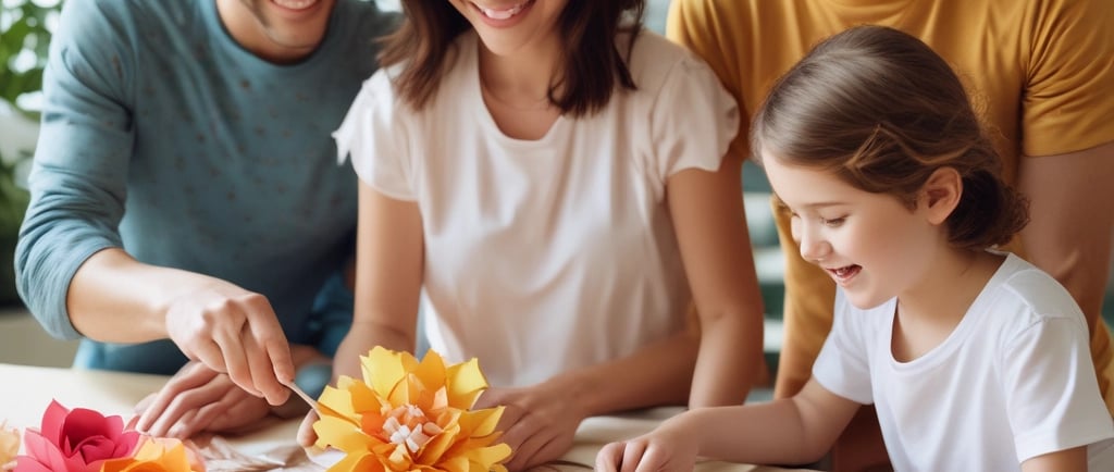 happy family making paper flowers
