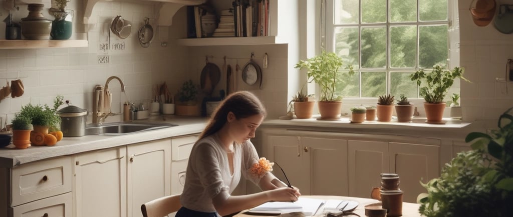 woman sat at kitchen writing with artifical plants in kitchen