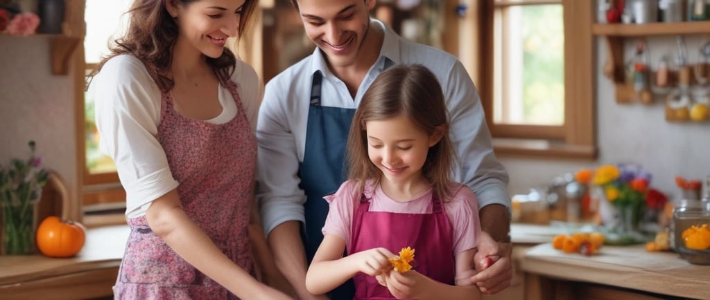 young daughter preparing edible flowers in kitchen while parents look on