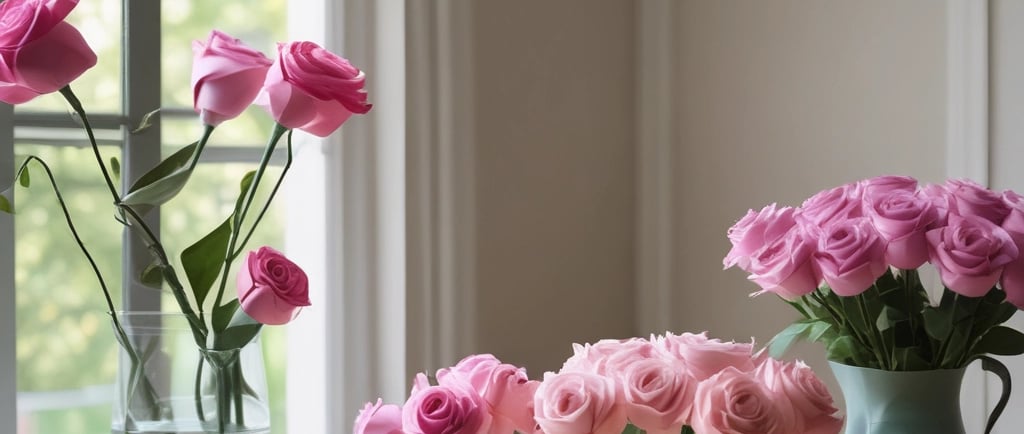 paper roses in shades of pink on display in home