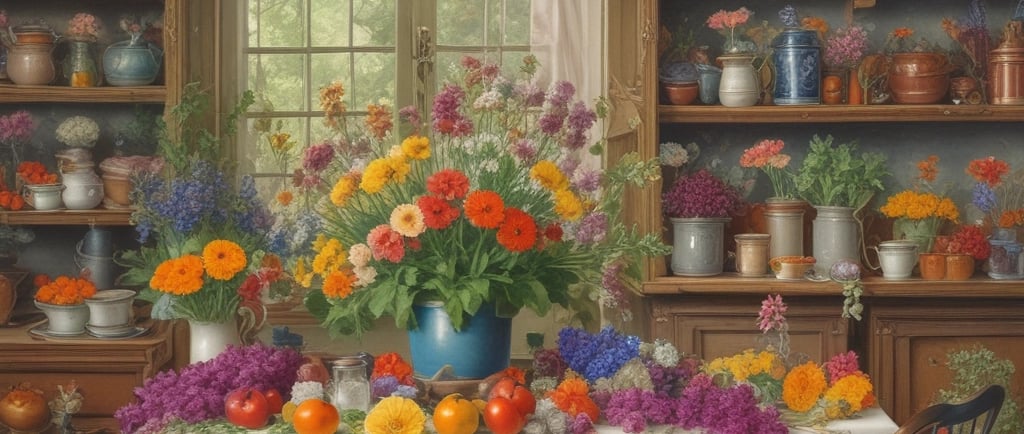 19th century art of edible flowers on kitchen table
