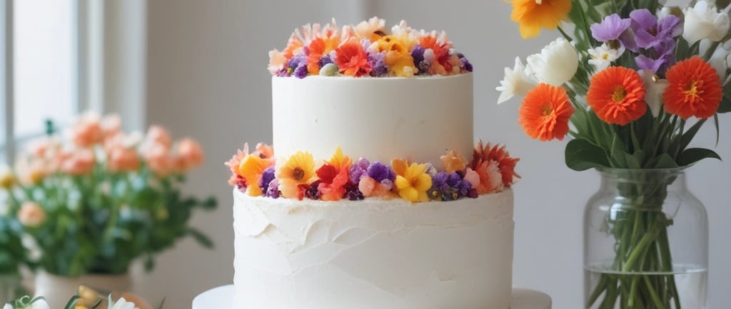 a two tier white cake decorated with flowers