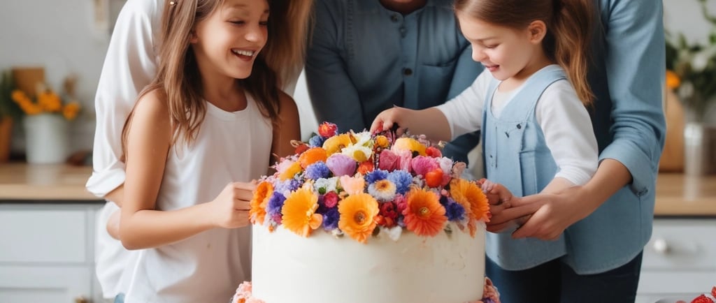 young daughters decorate a cake flowers 