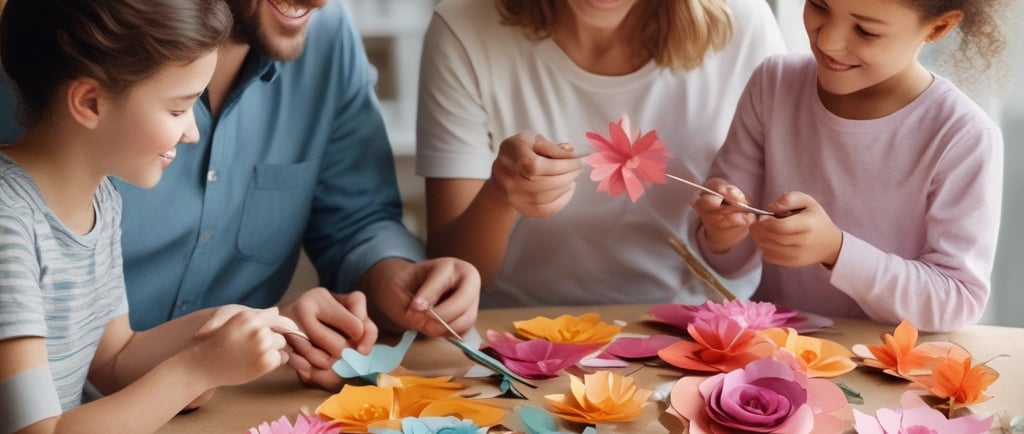 happy family making DIY paper flowers on table