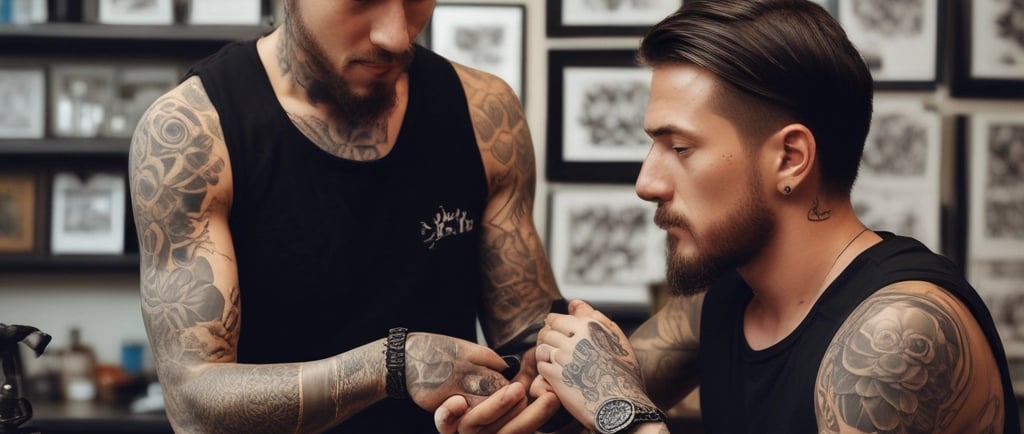 male tattoo artists looking at tattoos