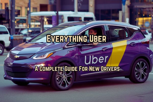 An Uber driver in his purple car with text saying: Everything Uber A complete Guide for New Drivers
